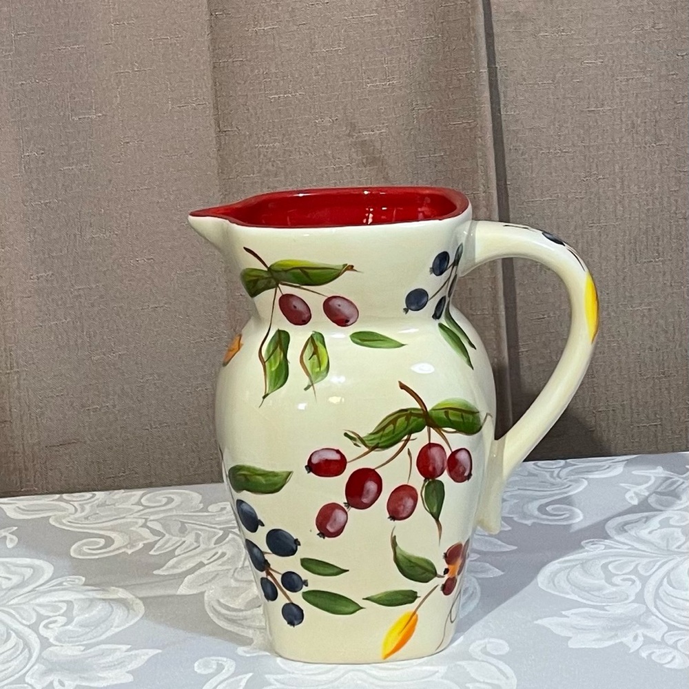 Vintage 1980s FTD Ceramic Pitcher Vase - Hand Painted Fruit Design 32oz EUC
